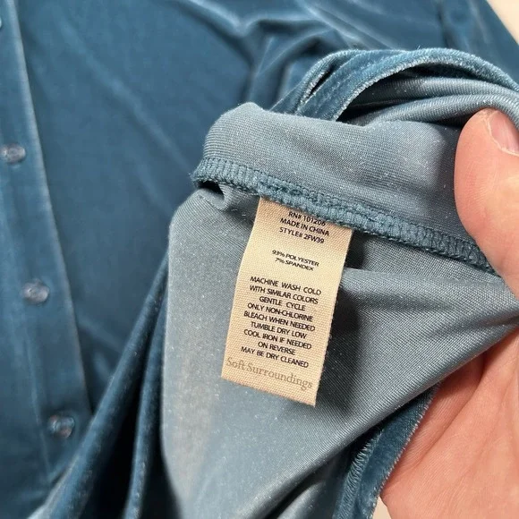 Soft Surroundings Shirt Women L Velvet Button Up Velour Teal Blue Green Collared - Picture 4 of 7